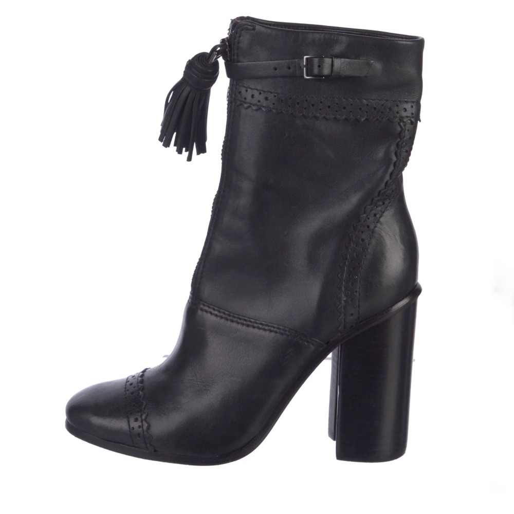 Tory Burch Black Leather‎ Tassel Brogue Block Heel Ankle Boots Size 5.5M